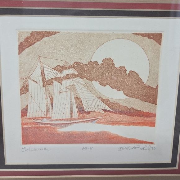 Schooner By Robert Paul 1976 Original Etching Signed By Artist In Wood Frame - Picture 5 of 16